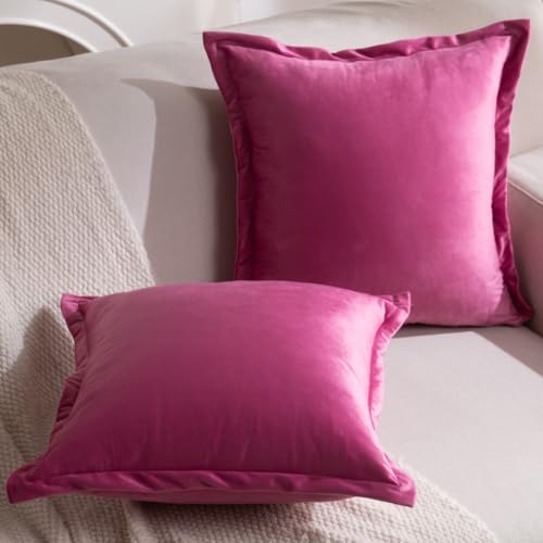 FUTEI Hot Pink Throw Pillow Covers 18x18 Set of 2, Decorative Soft Velvet Cozy Neutral Cushion Case with Elegant Design, Boho Modern Home Decor for Couch Bed Living Room - color: Hot Pink-no Tassels, size: 18" x 18" (Pack of 2)
