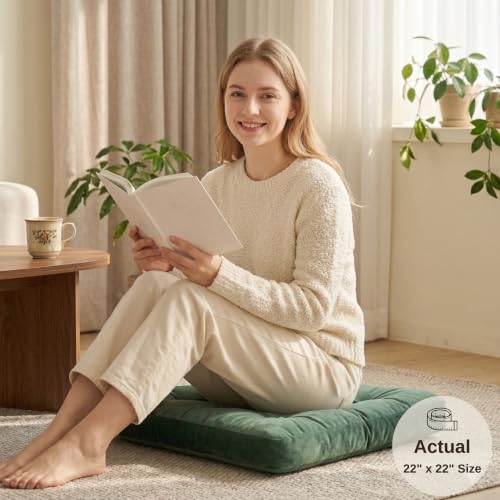 Floor Pillow for Adults, Soft Velvet Floor Cushion for Sitting, Single Square Tufted Floor Pillow for Reading Nook, Living Room, Bedroom, 22 x 22 Inch, Green - color: Green, size: 1pack
