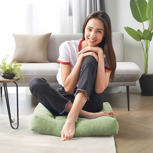 Meditation Floor Pillow Set of 2, Square Large Pillows Seating for Adults, Tufted Corduroy Cushion for Living Room Tatami, Green 22x22 Inch - color: Square | Green | 2 Pack, size: 2 Pack