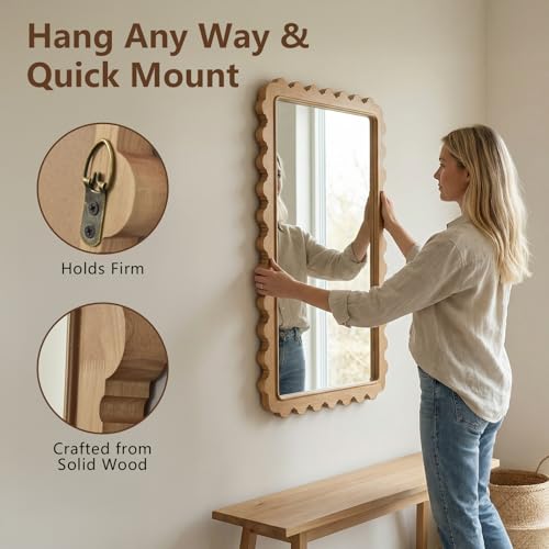 Wavy Solid Wood Wall Mirror, 24x35 Inch Bathroom Mirror, Large Scalloped Rectangle Mirror for Wall Decor, Boho Decorative Wall Mirror for Bedroom, Living Room, Entryway