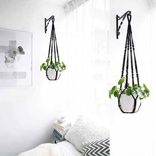 Mkono Macrame Plant Hanger Indoor Hanging Planter Basket with Wood Beads Decorative Flower Pot Holder No Tassels for Indoor Outdoor Boho Home Decor 35 Inch, Black, Set of 1 (POTS NOT Included) - color: Black