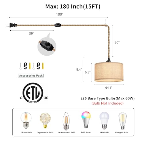 2 Packs Plug in Pendant Lights Fabric Hanging Lamp Kit with Dimmable Switch 15 Ft Long Hemp Rope Farmhouse Pndant Light Cord Lighting Fixture DIY Hanging Light - size: 2 Light Fabric