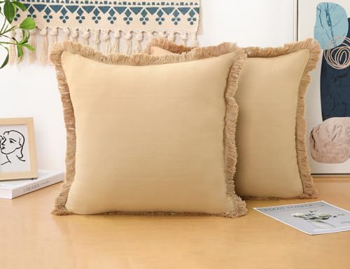 NUYECY Set of 2 Natural Linen Fringed Throw Pillow Covers,Khaki Neutral Decorative Pillowcase with Chic Tassel Burlap Boho Large Cushion Covers for Couch Sofa Farmhouse,28x28 inches - color: Khaki, size: 28" x 28" (Pack of 2)