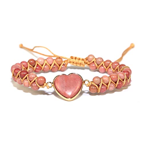Women Boho Wrap Bracelet,Handmade Natural Stone Crystal Emperor Beads Heart Bracelet, Fashion Bohemian Jewelry Gift for Women - color: Rhodochrosite #2