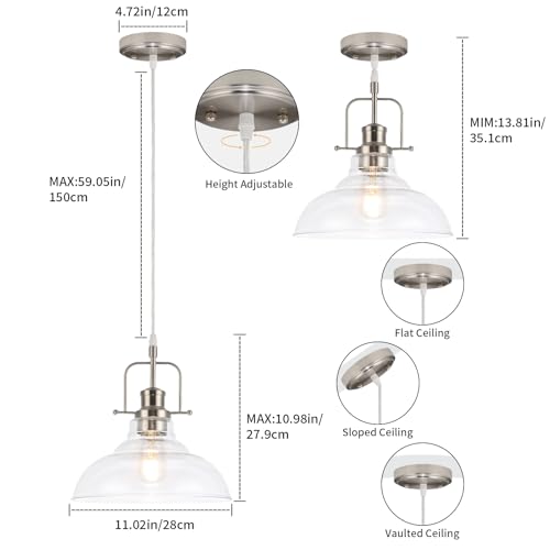 WILON Brushed Nickel Glass Pendant Lights Kitchen Island Lighting, Modern Hanging Lamp for Sink Dining Room Over Table Hallway Entryway Bar Foyer Bathroom - color: Brushed Nickel