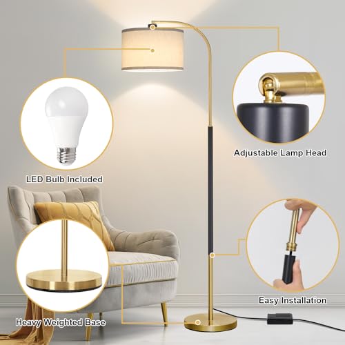 Dimmable Floor Lamp for Living Room, Arc Floor Lamps with Adjustable Drum Shade Pedal Switch, Black and Gold Tall Standing Lamp with 9W LED Bulb, Modern Reading Light Pole Lamp for Bedroom, Office - color: Black and Gold