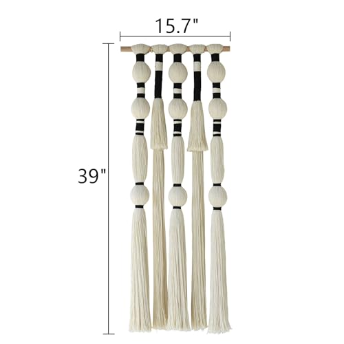 Flber Macrame Wall Hanging Tassels Sphericity Cotton Textile Hanging Geometric Yarn Wall Art for Bedroom Living Room Decor 15.7" W x 39" L - color: Ivory