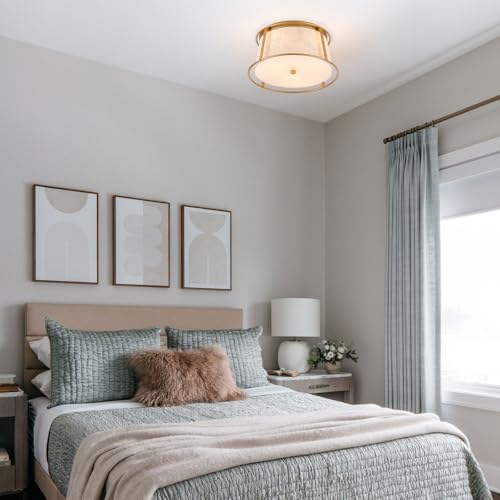 VILUXY Gold Semi Flush Mount Ceiling Light Fixture, 13’’ Modern Close to Ceiling Lights with Beige Fabric Linen Drum Shade 3-Light Round Ceiling Lamp for Bedroom Hallway Nursery Kids Room Entryway - color: Beige & Rattan