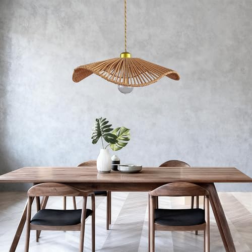 Boho Rattan 16-inch round Pendant Light E26 lamp holder,height adjustable Restaurant chandelier Rattan light fixture Chandelier Woven Hanging Light Fixture for Bedroom Entryway Kitchen Island - color: Light brown-10, size: 16-inch