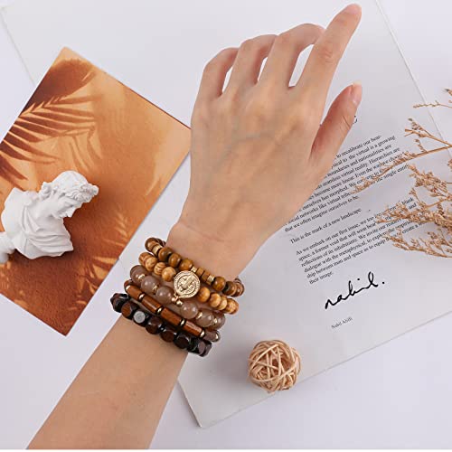 Bohemian Natural Stone Beaded Bracelets for Women Men Stackable Stretch Beads Bracelet Set with Charm and Tassel Multilayered Elastic Gemstone Bracelets Summer Beach Boho Jewelry Gift for Women - color: Brown Wooden Beads