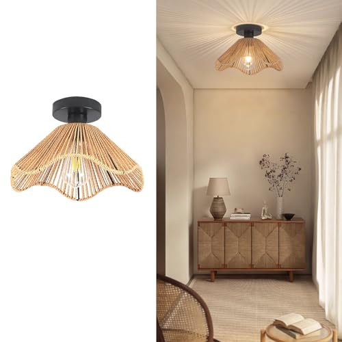 Surpars House Boho Rattan Ceiling Light Fixture, Mini Rattan Chandelier Lighting Fixture, Hand Woven Ceiling Light Fixtures for Hallway Bedroom Kitchen Entryway Living Room (Light Brown) - color: Light Brown
