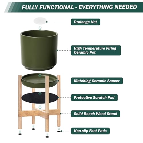 D'vine Dev Ceramic Planter with Natural Stand - 8 Inch Modern Round Flower Pot with Wood Planter Holder, Olive, 55-B-N-J - color: Olive Pot + Natural Stand, size: 8 Inch