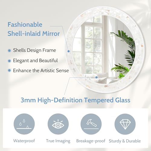 Tanmicoshomy Round Wall Mirror 24 Inch,Circle Mosaic Mirror with Natural Mother of Pearl and Wood Frame, Decorative Coastal Round Wall Mirror for Bathroom Bedroom Living Room Entryway - color: White, size: 24"L x 24"W