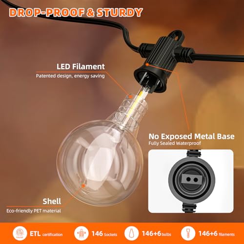 Kawaya 300FT Outdoor String Lights - LED Waterproof Patio Light for Outside with 146+4 G40 Globe Blubs - Shatterproof Hanging Lights for Porch Bistro Backyard Gazebo Balcony Cafe - size: 300FT