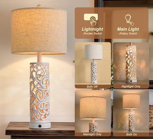 OYEARS 2-in-1 Light Table Lamp Set of 2 for Living Room, 28.5" Farmhouse Bedside Lamps with USB Charging Port, Main&Night Light & Dual Switches, Nightstand Lamp for Bedroom Home Office(Bulb Included) - color: Matte White