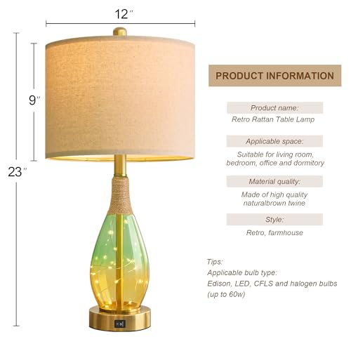 OYEARS 23" Table Lamps Set of 2,Farmhouse Lamps with Glass Nightlight, Bedside Lamps for Living Room, Rattan Lamps for Bedroom Nightstands, Two Light Points - color: Yellow Green
