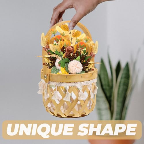TOYANDONA Woven Flower Display Basket with Handle, Handcrafted Hollow Round Wood Strip Planter for Indoor Plant Pots and Decorative Storage in Pastoral Style