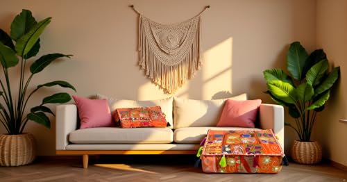 CRAFT KALA Indian Square Patchwork Traditional Pouf Cover Indian Living Room Poufs Decorative Embroidered Designer Ottoman Home Living Footstool Chair Cover Decor Pillow Cover 18x18x5 inches, Orange - color: Orange, size: 18"D x 18"W x 5"H