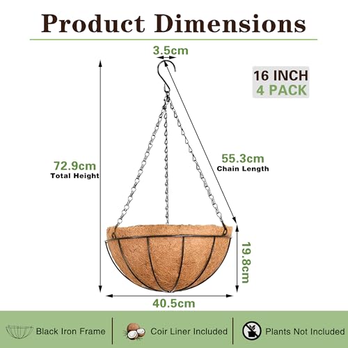 EIMQUVW Outdoor Metal Hanging Planters Basket (4pack, 16 inch) Hanging Baskets for Plants Chain Round Wire Plant Holder with Coco Fiber Liners for Garden, Patio, Deck, Porch - size: 16 Inch
