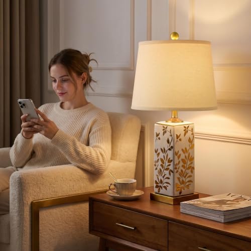 24.25" Mid Century Modern Lamp Set of 2, Vintage Farmhouse Chinoiserie Ceramic Table Lamps, Reflective Gold Leaf Pattern Bedside Lamps for Bedroom Living Room Nightstand, White & Gold - style: Reflective Gold Leaf