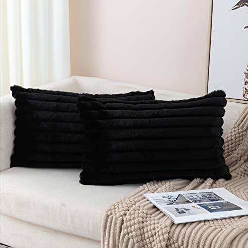 ZLINA Set of 2 Black Faux Fur Decorative Throw Pillow Covers Fluffy Striped Pillowcase Cushion Covers 12 x 20 Inch Decor Sofa Couch Bedroom - color: Black, size: 20" x 12" (Pack of 2)