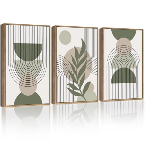Drsoum 11x14in Boho Wall Art Green Sage Decor Framed Wood Modern Bohemian Abstract Geometry Canvas Prints Ready to Hang - color: green boho decor, Natural Framed, size: 11" x 14"