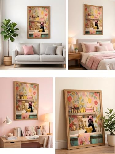LBTZEVIR Funny Black Cat Bathroom Wall Art Framed Cat Canvas Wall Decoration Painting Pink Wall Art for Bedroom Office Bathroom Wall Decor Aesthetic Home Artwork Girls Room with Framed 12" × 16" - color: Pink Cat, size: 16"L x 12"W