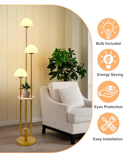 Gold Dimmable Floor Lamp with Table, Modern Floor Lamps with Mushroom Shades for Living Room, 3000K Warm White Tall Standing Lamp with Bulbs& 5Lbs Heavy Base for Bedroom/Office - color: 3 Mushroom-Gold