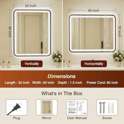 32x40 Inch LED Bathroom Mirror with Black Frame,Front and Backlit Vanity Mirror,Tempered Glass,Stepless Dimmable Wall Mirrors with Anti-Fog, 3 Colors, Memory, Waterproof, LED Smart Bathroom Mirror - color: Black, size: 32"L x 40"W