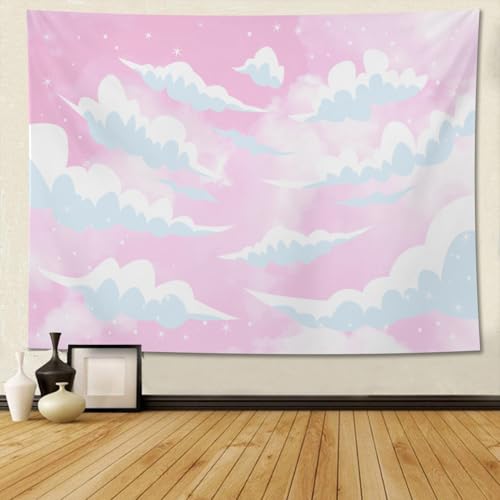 Keiutexe Pink Cloud Aesthetic Tapestry 60" X 40" Cute White Heaven Sky Wall Hanging Party Decorations Home Decor For Bedroom Living Room Dorm (150 X 100cm) - color: Pink Sky, size: 60 X 40 Inch