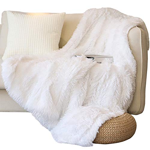 Tuddrom Decorative Extra Soft Faux Fur Throw Blanket 50" x 60",Solid Reversible Fuzzy Long Hair Shaggy Blanket,Fluffy Cozy Plush Fleece Comfy Microfiber Fur Blanket for Couch Sofa Bed,Pure White - color: Pure White, size: Throw-50" x 60"