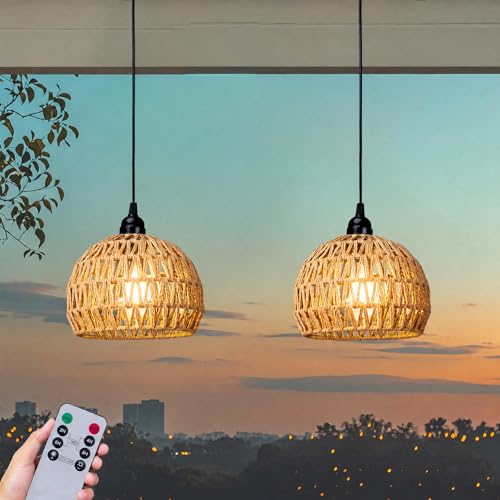 Battery Operated Hanging Outdoor Chandelier, Battery Power Pendant Light, Gazebo Lights Outdoor Waterproof, for Gazebo, Pergola, Porch, Patio, Indoor Outdoor Decor Lighting (2 Pack)