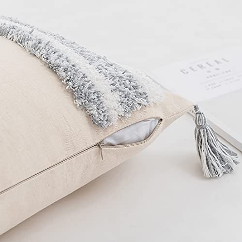 Boho Lumbar Throw Pillow Cover Tufted Woven Decorative Pillowcase with Tassel Rectangle Farmhouse Stripe Cushion Cover for Sofa Bed Living Room (Gray,12x20 Inch) - color: Gray, size: 20" x 12" (Pack of 1)