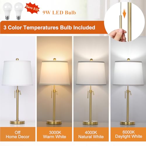 JUNNAI 2 Pack 22"-30" Adjustable Height Table Lamps Set, Modern Gold Table Lamps with White Shade 3 Colour Temperature Pull Chain Tall Lamps for Living Room Bedroom Bedside End Table Nightstand - color: Gold+White Shade Set of 2