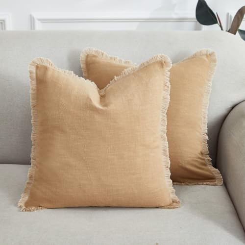 Sunday Praise Set of 2 Linen Fringe Decorative Pillow Covers 18x18 Inch Farmhouse Accent Boho Throw Pillow Cases with Tassels Cozy Soft Square Cushion Covers for Couch Sofa Bed Home Decor,Khaki - color: Khaki, size: 18" x 18" (Pack of 2)