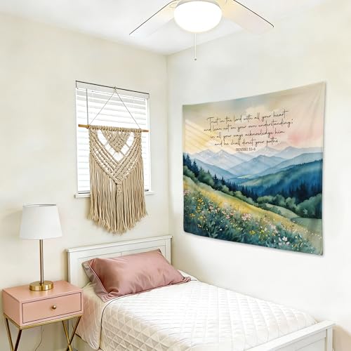 gsgfdshf Christian Mountain Wall Tapestry, Proverbs 3:5-6 Trust in the Lord with All Your Heart Bible Verse Tapestry Wall Hanging for Bedroom Living Room Home Church Decor, 50x60 Inch - color: Landscape Text-Tapestry-C