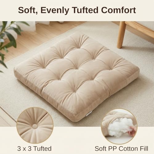 Floor Pillows for Adults Set of 2, Soft Velvet Floor Cushions for Sitting, Square Tufted Floor Pillow Set for Reading Nook, Living Room, Bedroom, 22 x 22 Inch, Beige - color: Beige, size: 2pack
