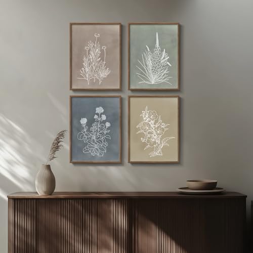 Framed Boho Botanical Wall Art for Bedroom, 4 Piece Vintage Neutral Floral Canvas Painting Prints, Minimalist Rustic Flower Pictures for Farmhouse Living Room Kitchen Dining Room Wall Decor, 11x14 In - color: Simple - Walnut Framed, size: 11" W x 14" H x