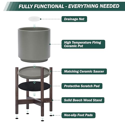 D'vine Dev Ceramic Planter with Walnut Color Stand - 8 Inch Modern Round Flower Pot with Wood Planter Holder, Grey, 55-B-Y-3 - color: Grey Pot + Walnut Color Stand, size: 8 Inch