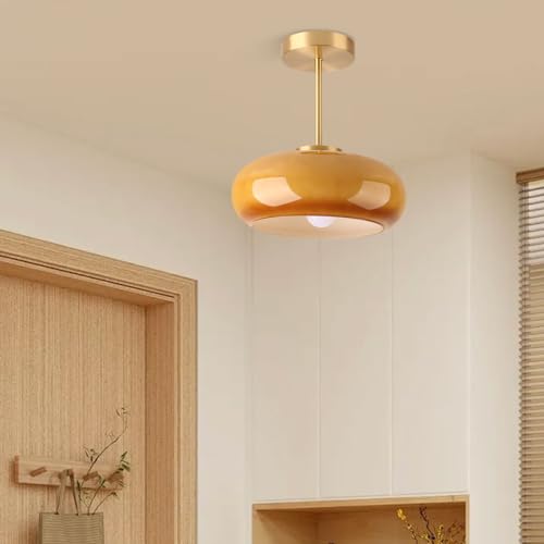 Brass Modern Hallway Ceiling Light - Orange Glass Ceiling Lamp with Dome Shade, Gold Mid Century Semi Flush Mount, Bedroom Entrance Light Fixture - color: Orange