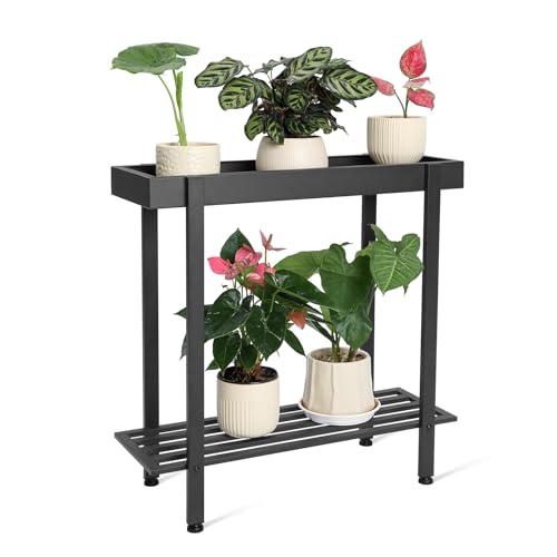 Honla Metal Plant Stand Indoor Outdoor,2 Tier Window Tall Plant Table Bench Shelf for Multiple Plants,26" L x 8.66" W x 24.40" H,Black - color: Black