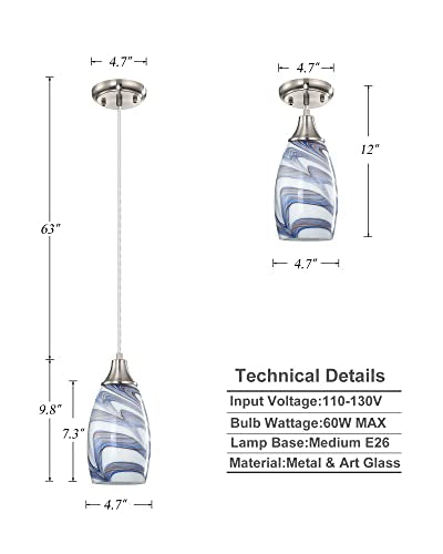 karyfine Mini Art Glass Pendant Lights Kitchen Island Blown Glass Pendant Lighting with Brushed Nickel Finish Adjustable Cord Ceiling Hanging Lamp for Hallway,Dining Room White and Dark Blue-1P - color: White and Dark Blue-1Pack