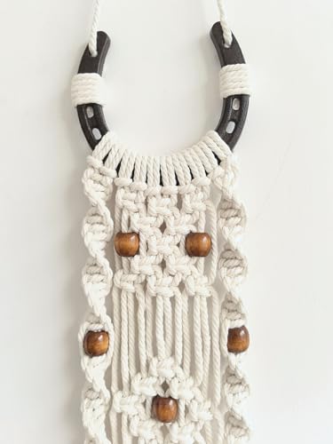 Moosira Equestrian Macrame Wall Hanging, Horseshoes Macrame Wall Hanging, Macrame Horseshoes, Equestrian Wall Art, Boho Western Decor, Boho Wall Decor Tapestry, Unique Horse Lover Gift for Cowgirl Room, Nursery, Farmhouse (Light Brown Bead) - color: Light