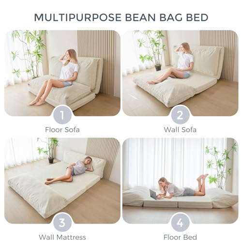 MAXYOYO Folding Sofa Bed, Floor Sofa Convertible Chair with Washable Cover, Floor Couch Lounge Bean Bag Chair Bed for Living Room, Beige, 30x91 Inch - color: Beige, size: Classic Single