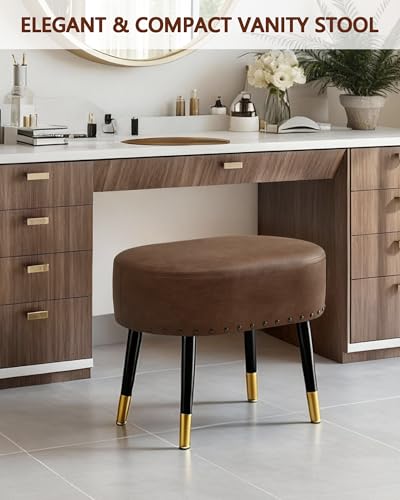 LITZFUR Vanity Stool Chair for Makeup, Pu Leather Oval Footrest, Vintage Rivet Ottoman Bench with Metal Legs, Dressing Stool for Batheroom, Living Room, Entryway, Brown - color: Brown