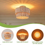 Boho Light Fixtures 2-Tier Rattan Ceiling Light Handwoven Drum Lamp Shade Flush Mount Ceiling Light Wooden Canopy Small Chandelier for Hallway Entryway Bedroom Kitchen Nursery Lights - color: 2-tone