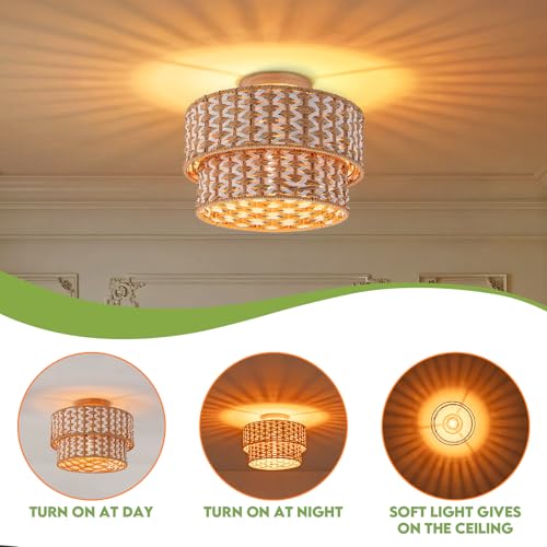 Boho Light Fixtures 2-Tier Rattan Ceiling Light Handwoven Drum Lamp Shade Flush Mount Ceiling Light Wooden Canopy Small Chandelier for Hallway Entryway Bedroom Kitchen Nursery Lights - color: 2-tone