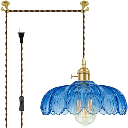 Plug-in Pendant Light Fixture, Hanging Light Fixture, Glass Pendant Light, Swag Lamp with Inline On/Off Switch for Kitchen Island, Bedroom, Dining Room, Living Room (Blue, 15 Ft Cord) - color: Blue, size: 15 ft