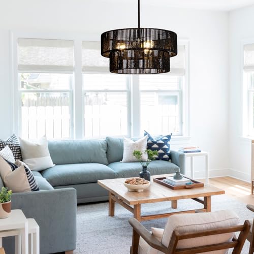 Black Boho Rattan Chandelier 18'' Hand Woven Chandelier Light Fixture 3-Light Farmhouse Drum Pendant Light for Dining Room Bedroom Kitchen Hallway Foyer - color: 18" Black Rattan
