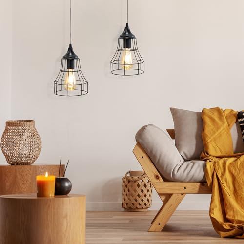 JHY DESIGN Set of 2 Battery Powered Chandelier Pendant Lights Boho Hanging Metal Cage Lamps with 6 Hours Timer for Bar Bedroom Garden Parties Patio Indoor Outdoor Gazebo Pergola(Geometry) - size: 9.5 inches, Set of 2, Geometry